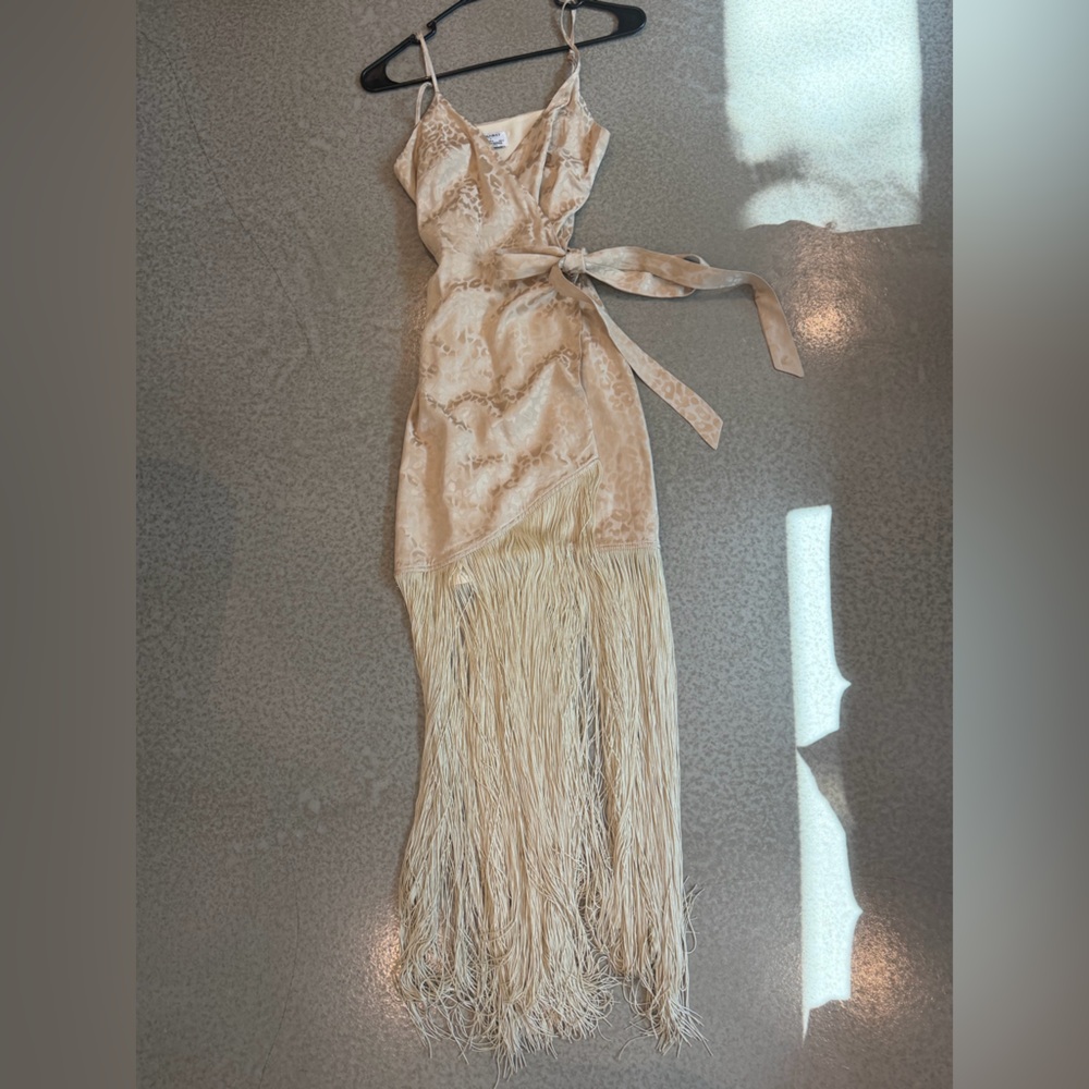 Fringe Hem Cream Satin Wrap Wedding Dress